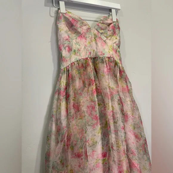 ML Monique Lhuillier Strapless Sweetheart Organaza Pink Pastel Floral Dress - Picture 3 of 6